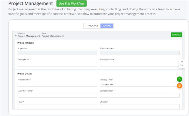 project management form screenshot