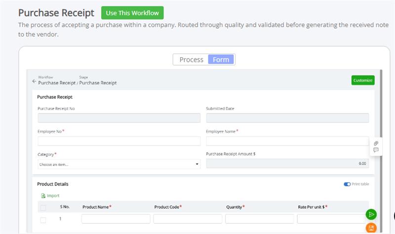 purchase receipt approval template screenshot